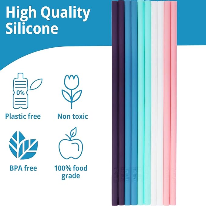 10 Reusable Silicone Drinking Straws + Cleaning Brush, 30 Ounce - 20 Ounce Tumblers Compatible, Dishwasher Safe, Extra Long Straw - Silicone Straws Reusable
