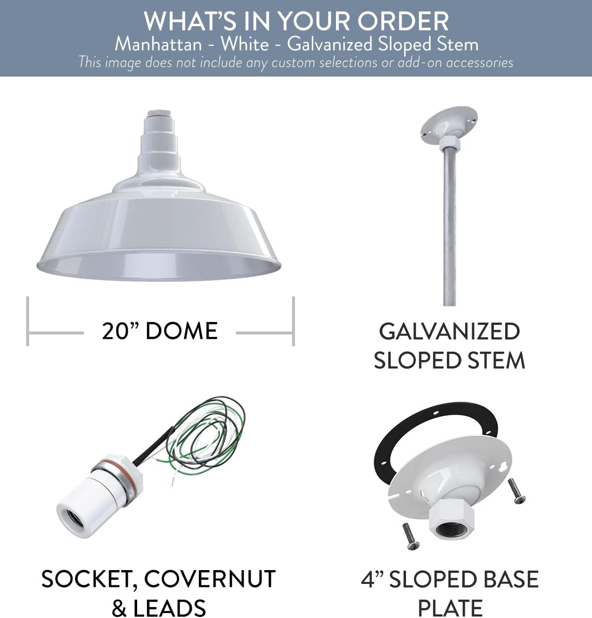 Steel Lighting Co. Manhattan Warehouse Light | Ceiling Mounted Pendant | 20 inch Dome | 12 inch Sloped Stem | Large Steel Barn Light Made in America | White Exterior/White Interior