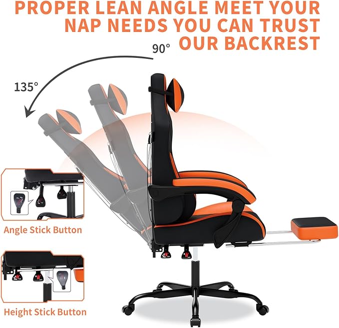 Gaming Chair with Massage,Ergonomic PC Gaming Chair with Footrest Comfortable Headrest and Lumbar Support,High Back Game Chair PVC Leather,300LBS (Black&Orange)