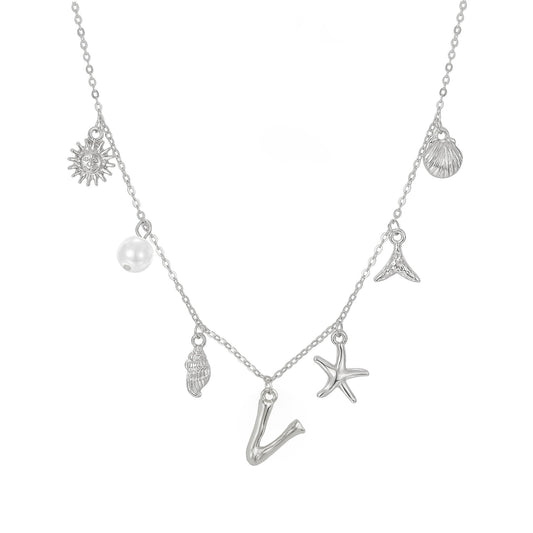 JALZEMPL Initial Charm Necklace For Women Seashell Shell Letter Boho Summer Beach Starfish 14k Gold Plated Silver Pendant Surfer Jewelry Gifts (V,Silver)