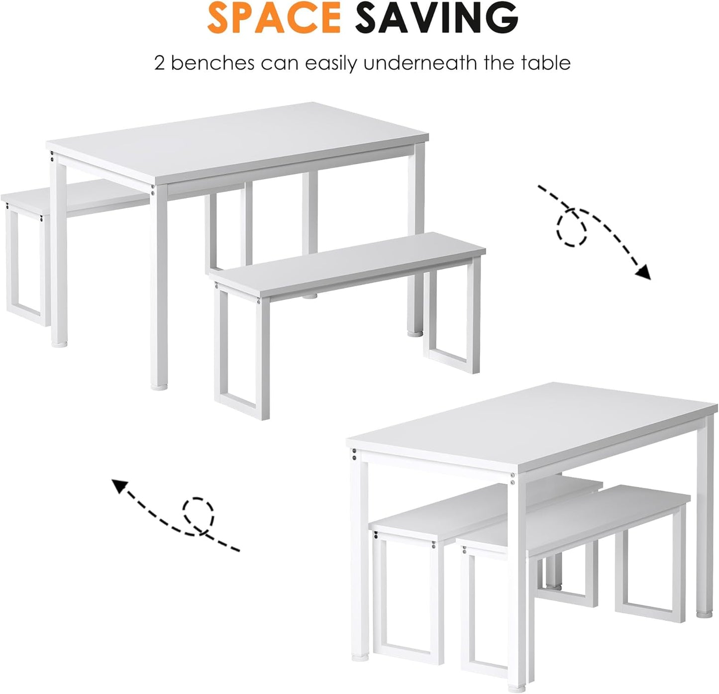 Soges Industrial Style White Dining Table Set for 4, 3 Piece Rectangular Wooden Table and Long Benches, Kitchen and Dining Room Set