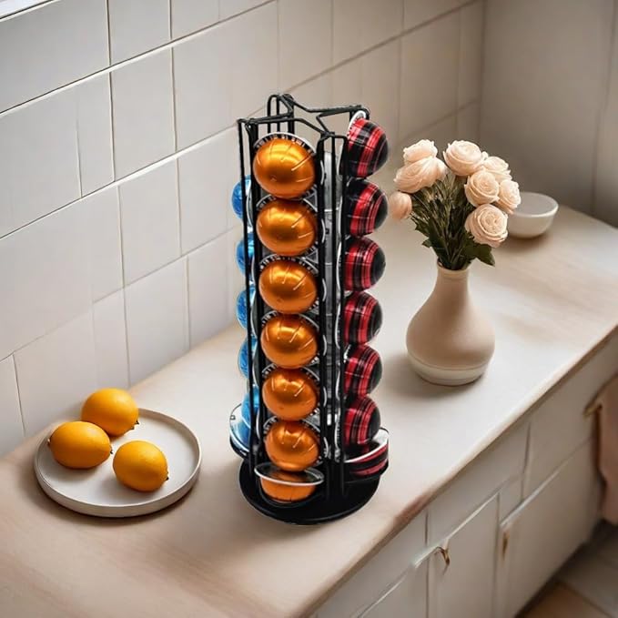 Vertuo Pod Holder Carousel Stand for 28 Nespresso Vertuo Capsule Storage Organizer with Extra Space for Coffee Mate Silent Rolling，Black