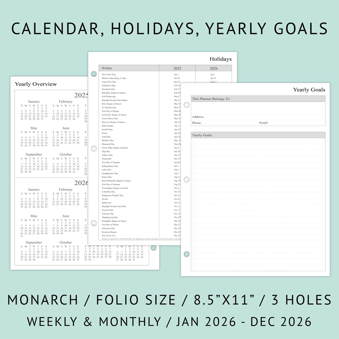 newestor 2026 Weekly Planner Refills for 3-Ring Binder with Monthly Tabs, Two Pages Per Week, 8-1/2" x 11", Folio Size 5 / Monarch