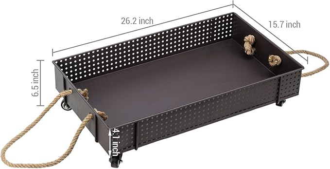 MyGift 26 Inch Industrial Brown Metal Entryway Boot Tray with Wheels and Decorative Rope Handles, Under Bed Storage Shoe Container Cart