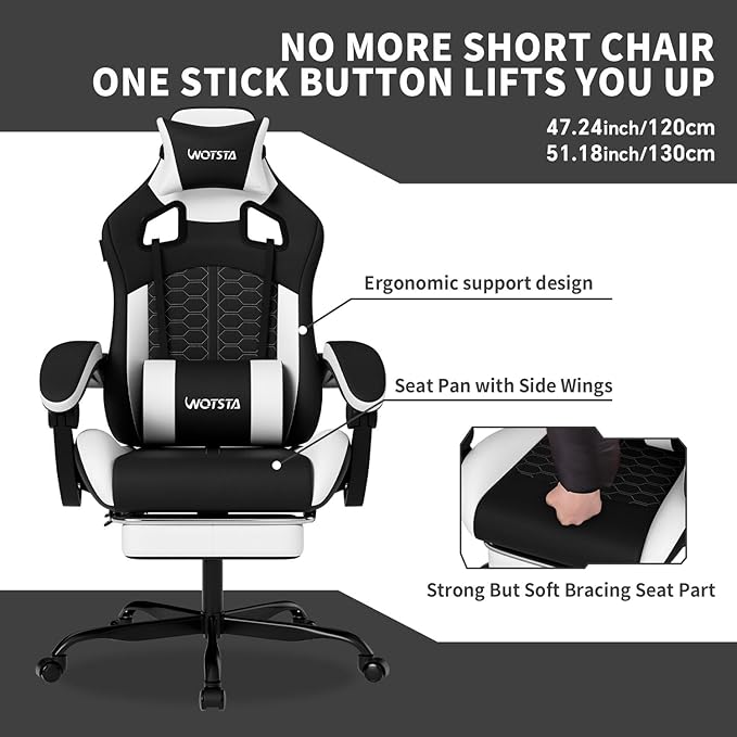 Gaming Chair with Massage,Ergonomic PC Gaming Chair with Footrest Comfortable Headrest and Lumbar Support,High Back PVC Leather,300LBS (Black White)