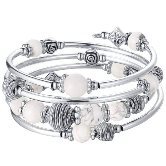 PEARL&CLUB Beaded Chakra Bangle Turquoise Bracelet - Fashion Jewelry Wrap Bracelet with Thick Silver Metal and Mala Beads, Birthday Gifts For Women(Howlite)