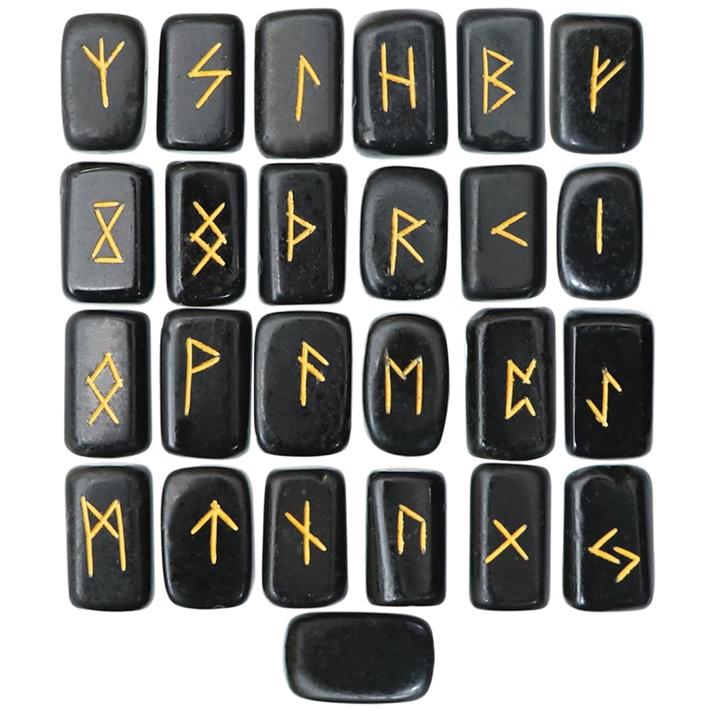 Crocon Black Agate Rectangle Shape Gemstone Runes with Elder Futhark Alphabet Engraved 25 pcs Rune Set Crystal Metaphysical Healing Chakra Reiki Runes Set with a Pouch Fathers day gift Size: 20-25mm