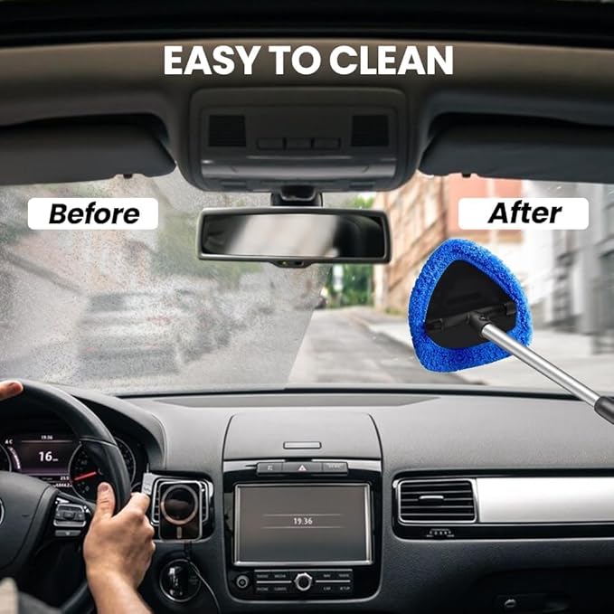 Car Windshield Cleaning Tool Set, Interior Exterior Auto Glass Cleaner Kit with Extendable Handle and 4 Reusable Microfiber Pads for Cars Trucks and Home (Blue)