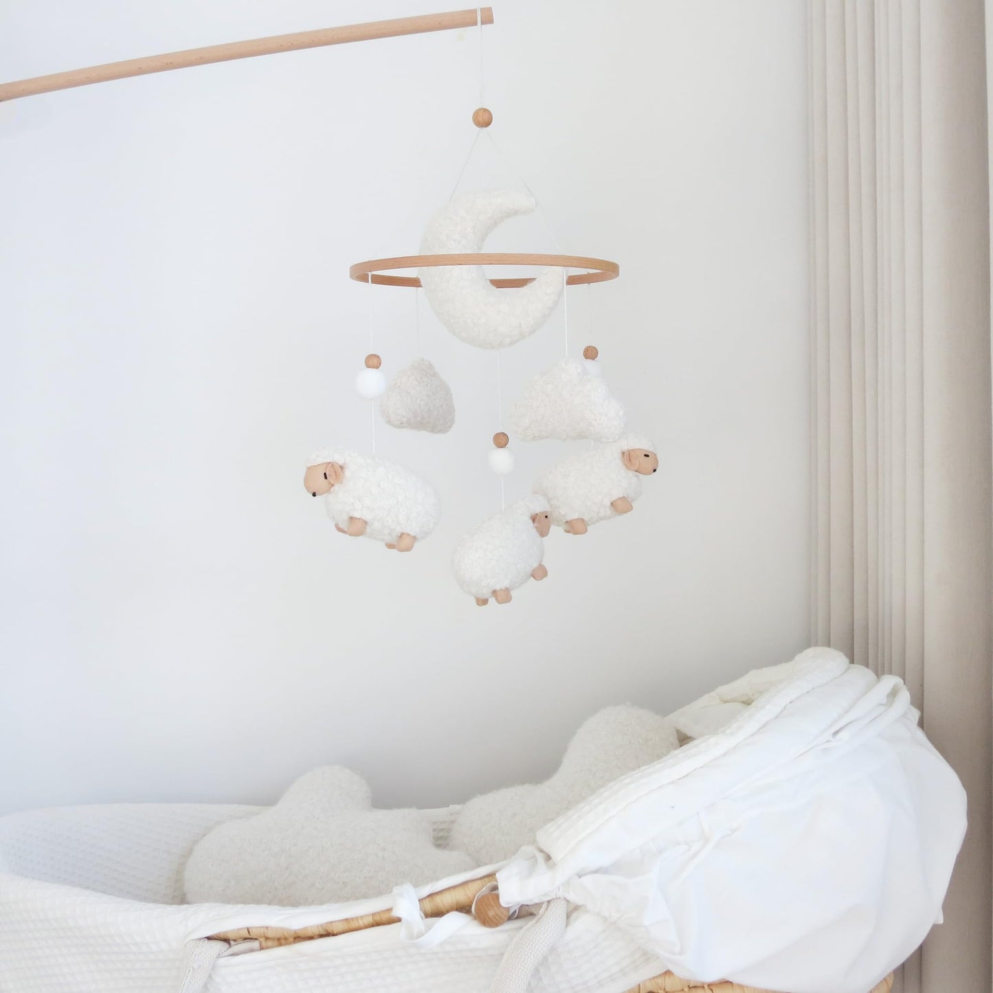Sheep Baby Mobile for Crib, Cloud Baby Crib Mobile for Girls & Boys, Neutral Crib Toys Hanging, Lamb Baby Mobile for Bassinet, Nursery Decor - Creamy White