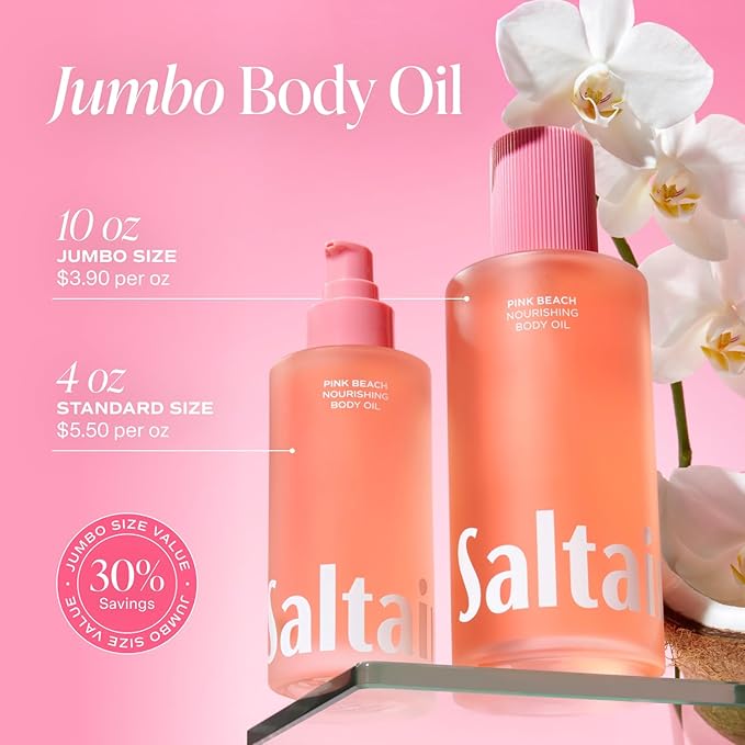 Saltair Body Oil. Jumbo Size Pink Beach After Shower and Bath Oil for Women and Men. Botanical, Non-Greasy, and Well-Absorbing Moisturizer for Hydrating Dry Skin – 10oz Bottle