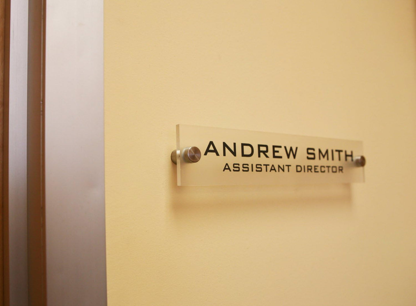 Personalized Office Wall Name Plate Sign. Modern Stainless Steel Legs (Frosted Translucent)
