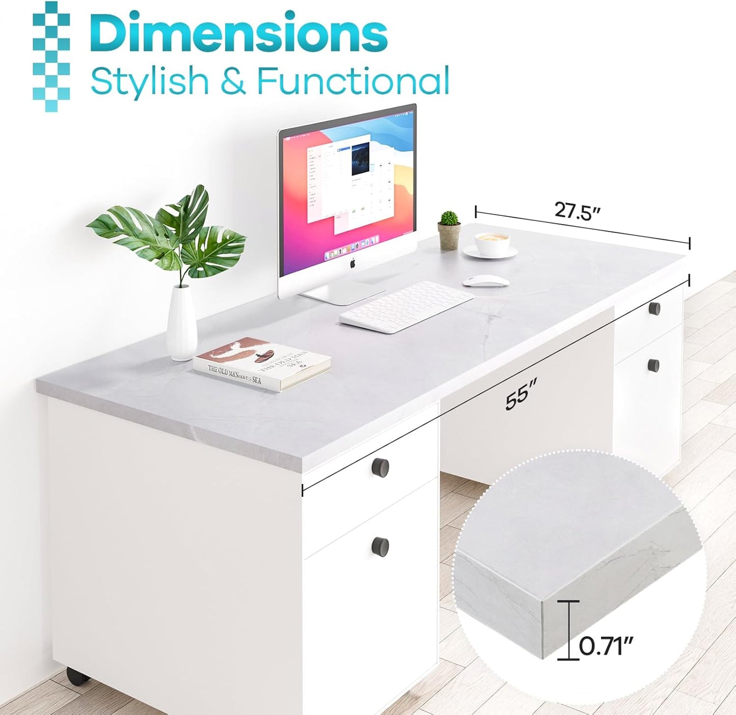 Kaboon Universal Tabletop 55"x27.5", Solid One-Piece Melamine Table Top, Double Desk L-Desk DIY, Home and Office Countertop, White Rock