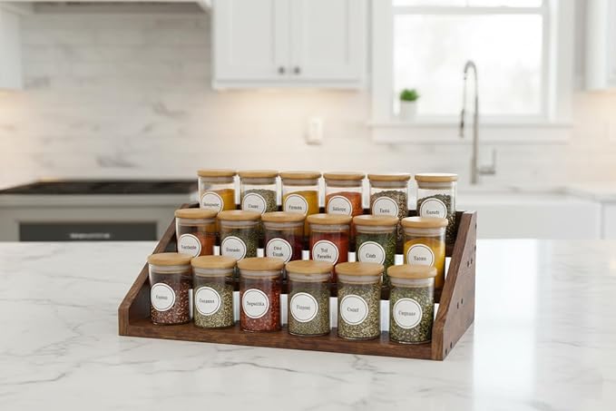 3 Tier Wood Spice Rack Organizer for Cabinet, Super Sturdy Display Riser Shelf Seasoning Organizer for Countertop Pantry Cupboard, Retro Storage Holder for Kitchen Condiment Jar Spice Container
