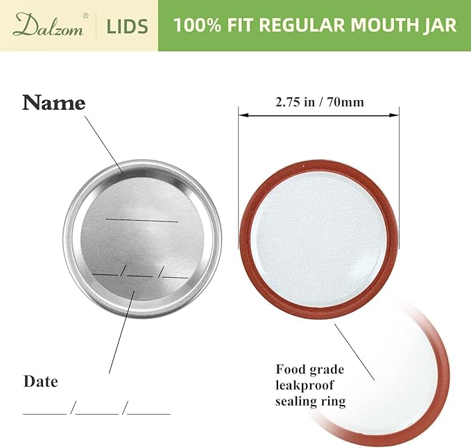 Dalzom® 48Pcs Canning Lids with Rings Regular Mouth, Premium Mason Jar Lids with Bands/Rings for Ball, Kerr Jars - Food Grade Material, 100% Fit & Airtight for Regular Mouth Mason Jars