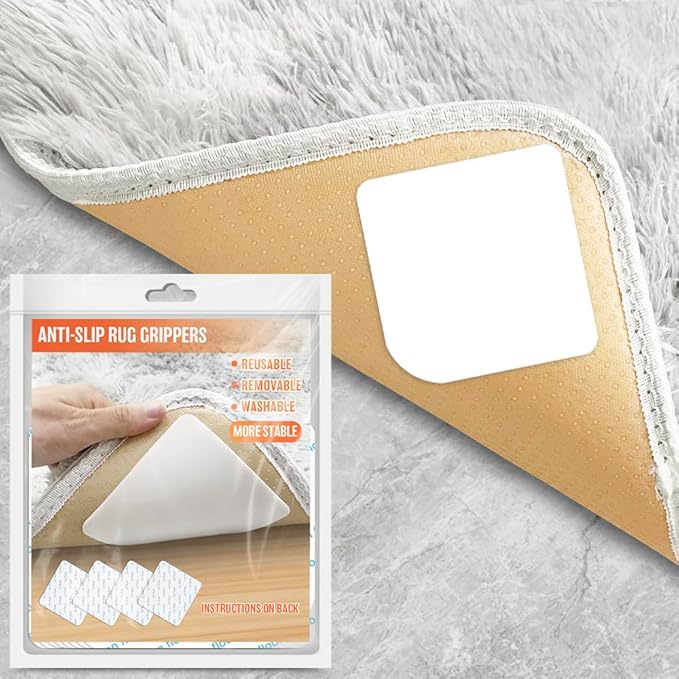 8 Pcs Rug Tape, Reusable Carpet Tape for Area Rugs，Non Slip Rug Pads Grippers for Hardwood Floors and Tiles, Double-Sided Adhesive Rug Stickers Keep Corners Flat, No Damage to Floor