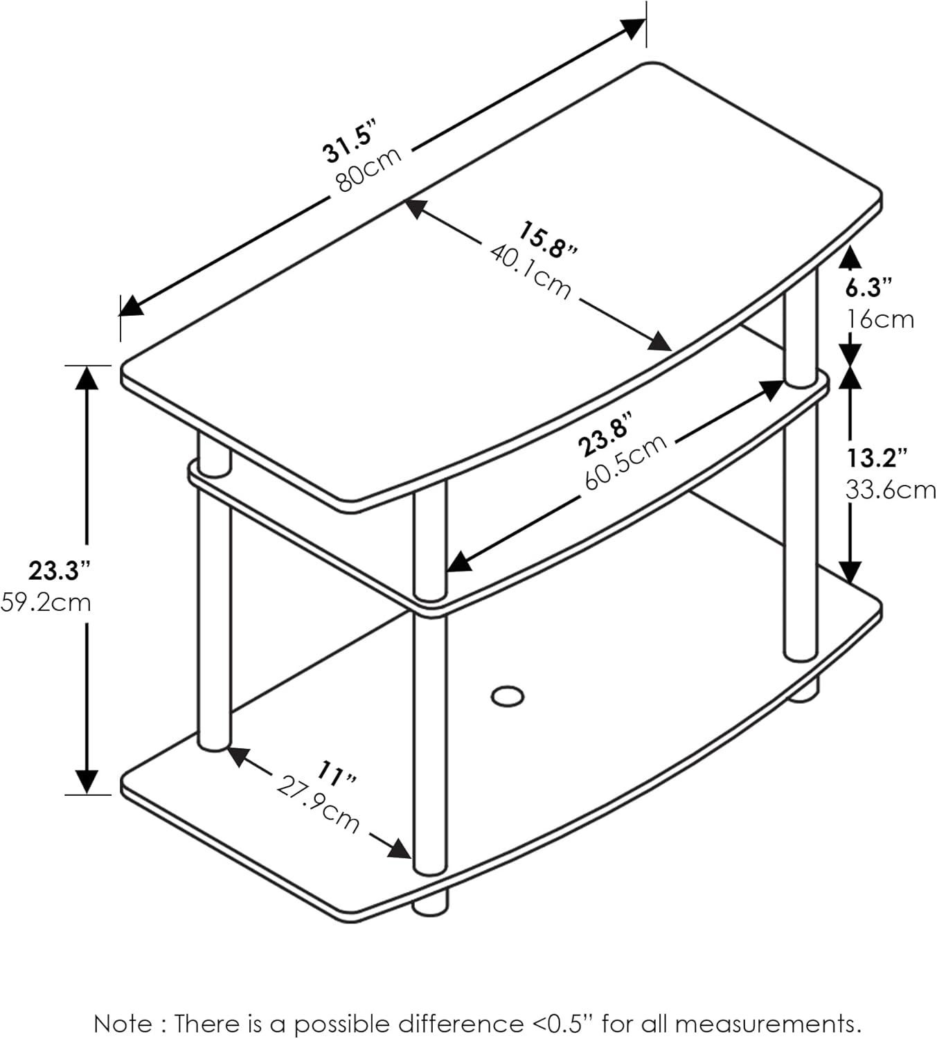Furinno Turn-N-Tube No Tools 3-Tier Entertainment Center TV Stand for TV up to 32 Inch, Plastic Round Tubes, Dark Walnut