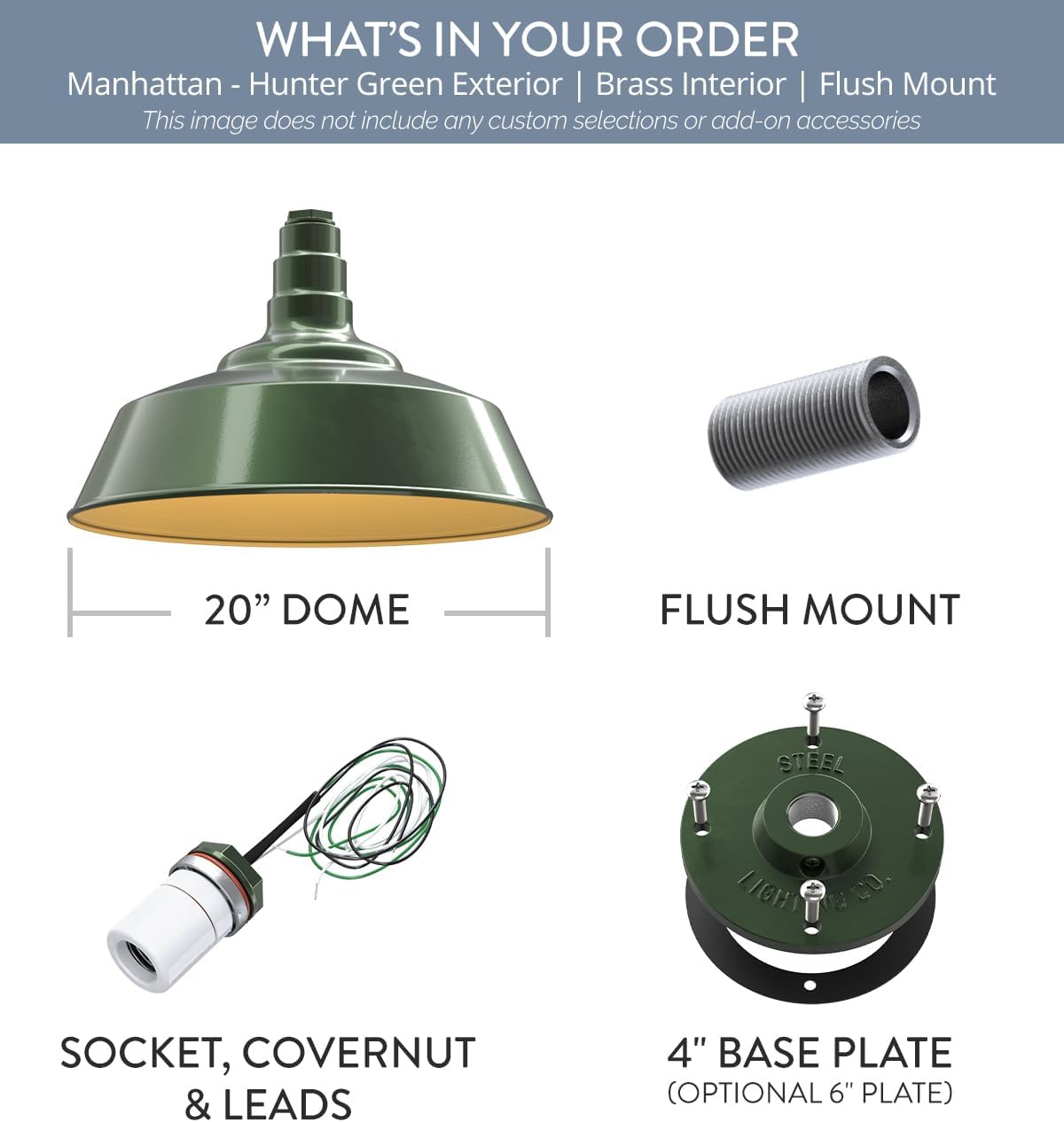 Steel Lighting Co. Manhattan Warehouse Light | Ceiling Mounted Pendant | 20 inch Dome | Flush Mount | Large Steel Barn Light Made in America | Hunter Green Exterior/Brass Interior