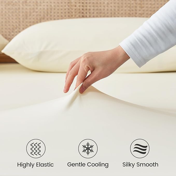 Cozy Bliss Premium Cooling Sheet Set Cali King Size, Q-Max>0.4, 3PCS No Flat Sheet with 2 Pillowcases, Breathable Fitted Sheet for Hot Sleepers & Night Sweats, Deep Pocket Up to 18 Inches, Cream White