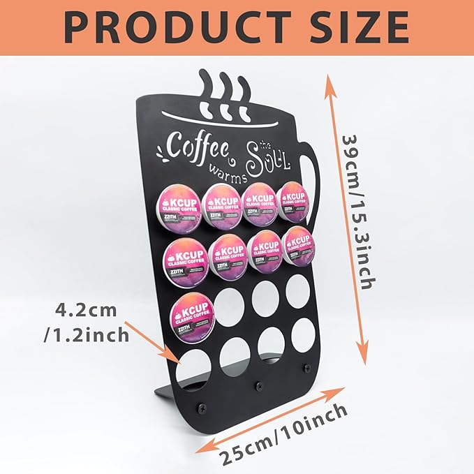 Metal K Cups Coffee Pod Holder, 19 Pods Holder Display,Coffee Bar Organizer for Home ,Kitchen,Office or Workspace, Black frosted Capsule Storage | Stylish Lettering Decor (Coffee Warms Soul)