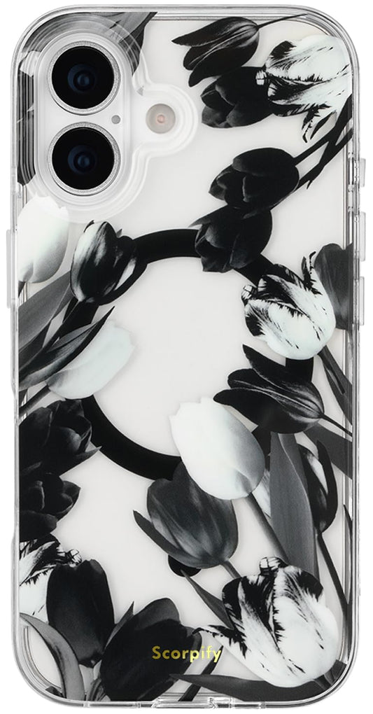 Scorpify For Iphone 17 Case [Compatible With Magsafe] With Black Tulip Floral Design, Cute Clear Flower Magnetic Phone Cover For