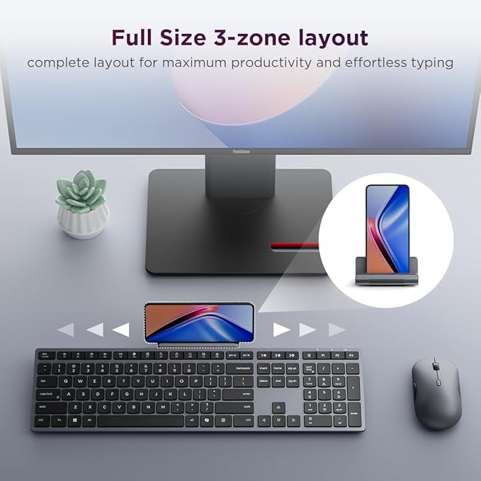 Lenovo 700 Modern Wireless Keyboard & Mouse Combo, 2.4 GHz Dongle & Dual Bluetooth Connection, AES-128 Encryption, 36 Month Battery Life, Quiet Mouse, Luna Grey