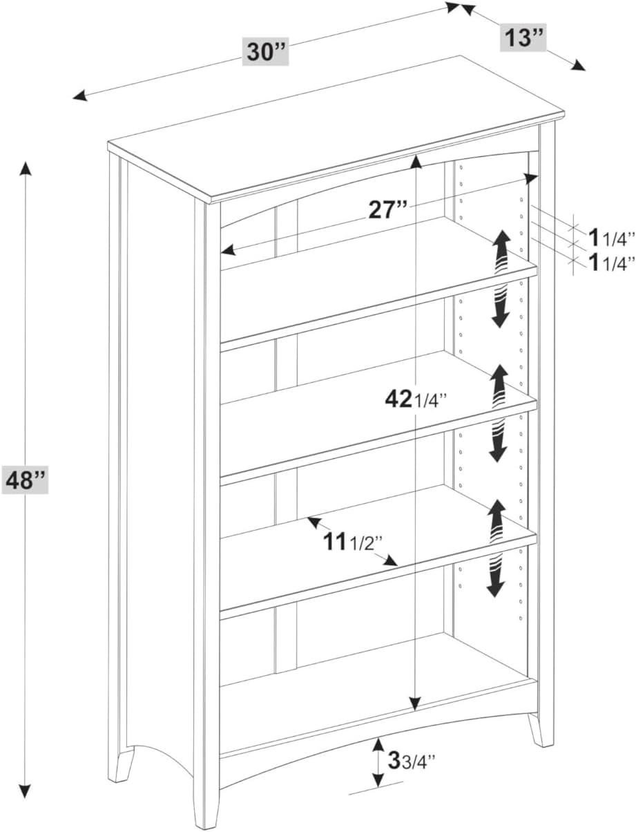 Shaker Style 4 Shelf Bookcase / Solid Wood / 48" High / Adjustable Shelving / Closed Back / Display Bookshelf for Living Room, Bedroom, Home and Office, Cherry