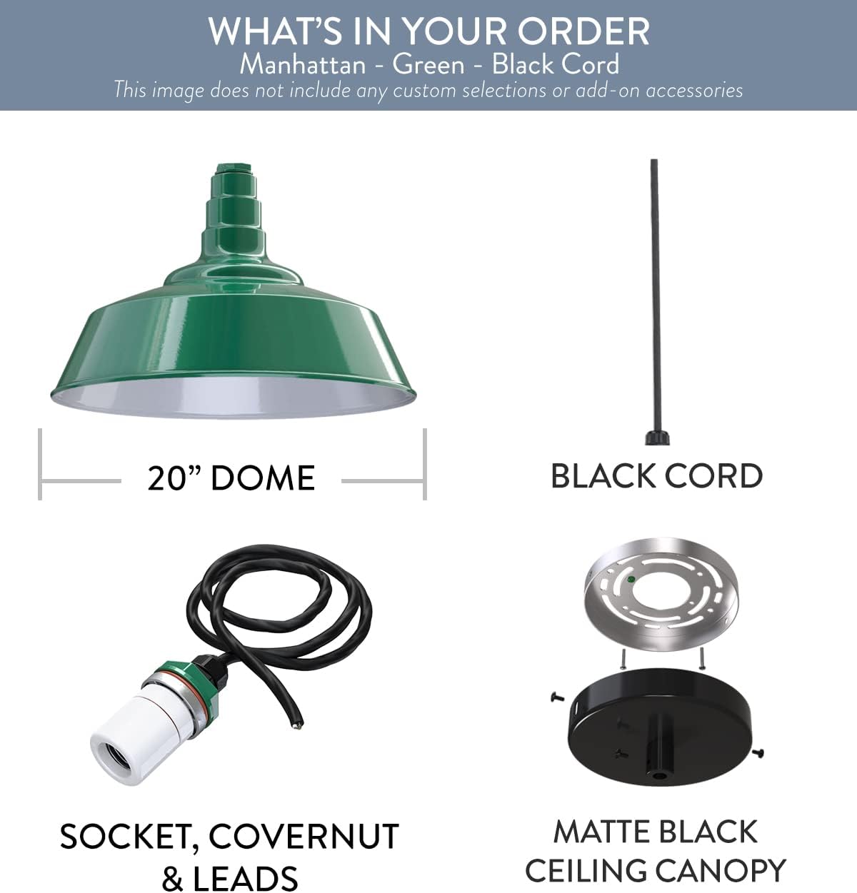 Steel Lighting Co. Manhattan Warehouse Light | Ceiling Mounted Pendant | 20 inch Dome | Black Cord | Large Steel Barn Light Made in America | Green Exterior/White Interior