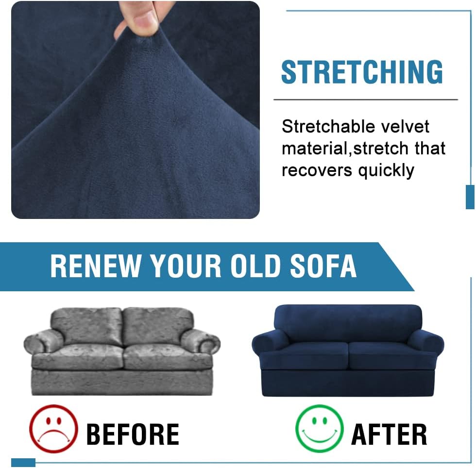 H.VERSAILTEX Sofa Cover 3 Piece T Cushion Sofa Slipcovers Thick Velvet Couch Cover Furniture Protector Stretch T Cushion Sofa Covers for 2 Cushion Couch with 2 Individual T Cushion Covers, Navy