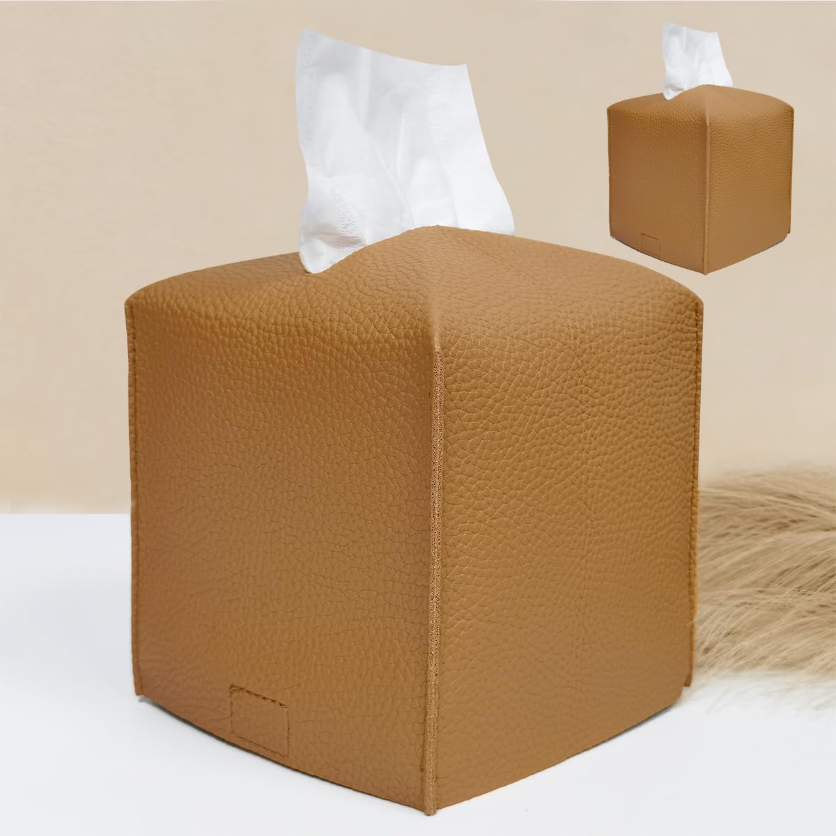 HOMOTEK 2 Pack Tissue Box Cover, Square PU Leather Tissue Holder, Decorative Facial Tissue Cube Paper Organizer Dispenser for Bathroom, Night Stands, Desk, Car 5X5X5'' - Camel, Pebble Grain