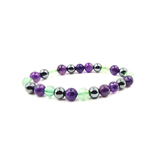 PRECIOUS PEBBLE Amethyst, Fluorite, Hematite Bracelet for Men & Women – Natural 8mm Beads for Calm, Focus & Inner Balance – Adjustable Stretch Fit Crystal Bracelets for Daily Wear & Meaningful Gift