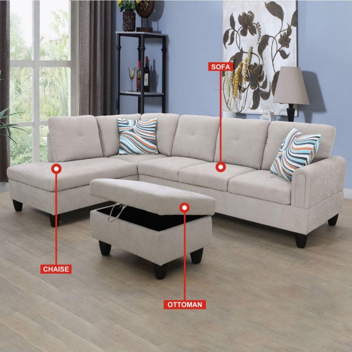 Grey White L-Shaped 3-Piece Flannel Sofa with Storage Ottoman Set, Sectional Couch Sofa Set for Living Room, Office, Small Space