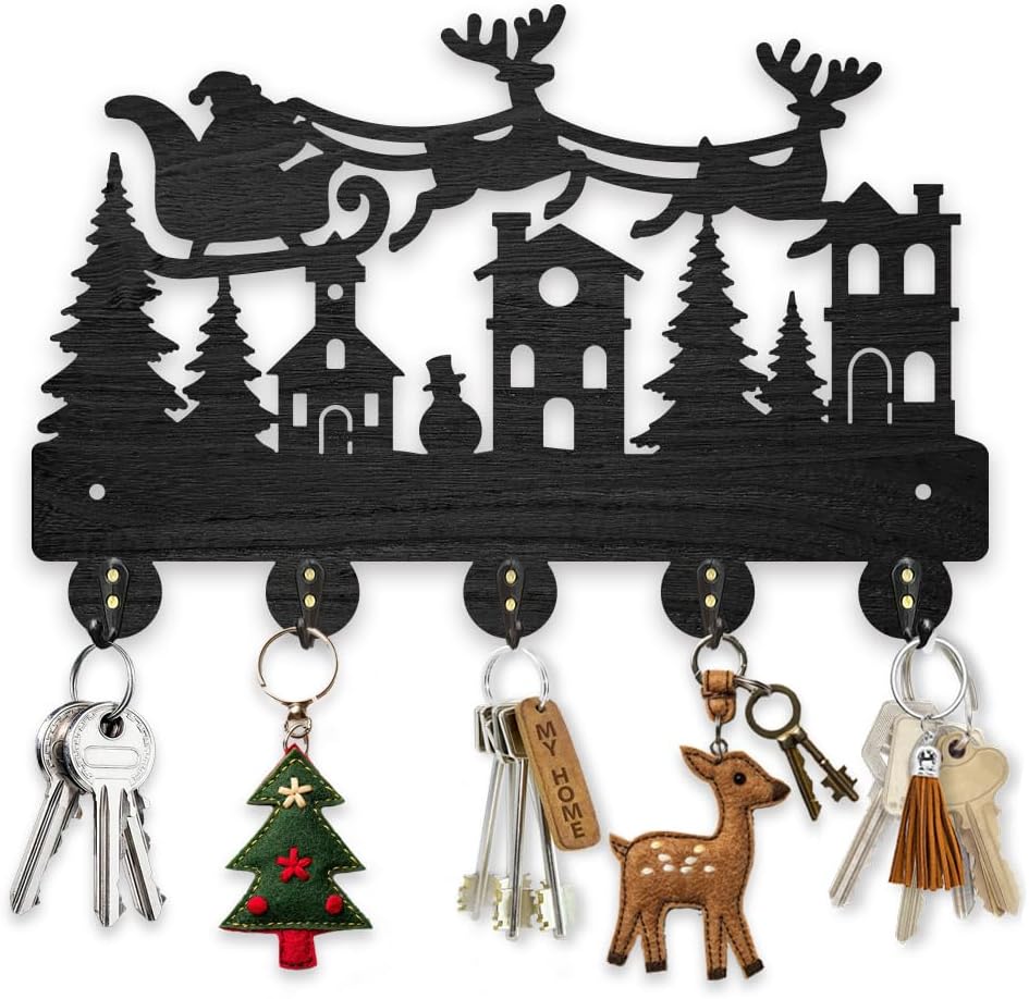 MAYJOYDIY Christmas Sleigh Key Hook Forest Elk Santa Claus Key Hangers for Wall 11.8×7.9inch 5 Alloy Hooks Decorative Gifts Entryway Kitchen Bathroom Storage