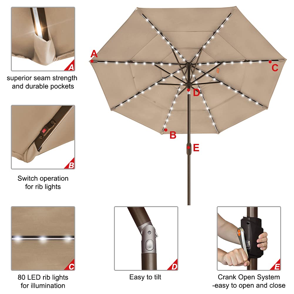 EliteShade USA 10-Year-Non-Fading 9ft 3-Tier Market Patio Umbrella, Commercial Table Umbrella with 80 Solar LED Lights, Crank Open, Windproof & UPF 50+ UV Protection for Garden, Deck, Pool, Backyard, Heather Beige