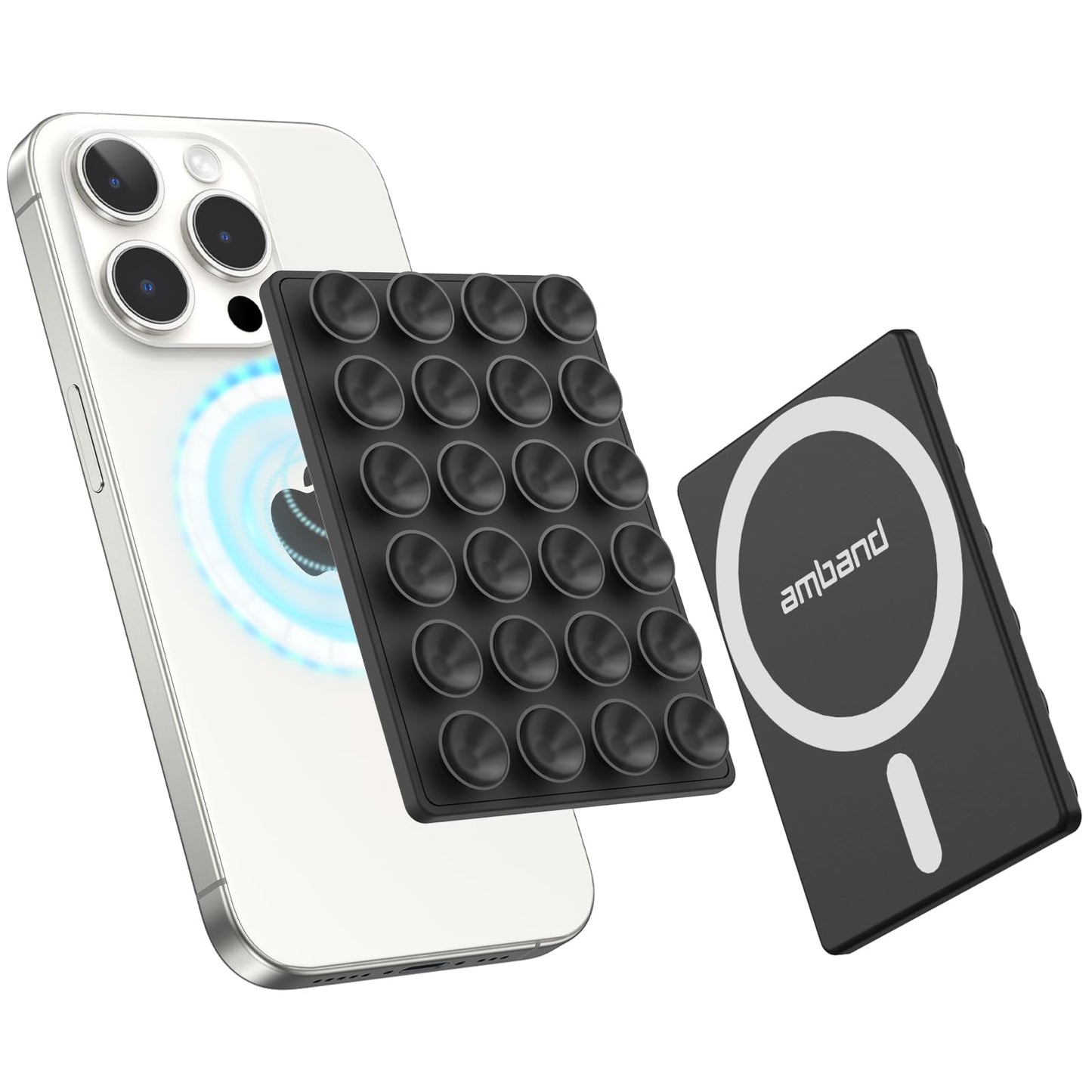 amBand Magnetic Sticky Phone Suction Grip for MagSafe - Silicone, 2 x 3 x 0.3 in, Black, Model MagS, Compatible with iPhone 12-17 Series