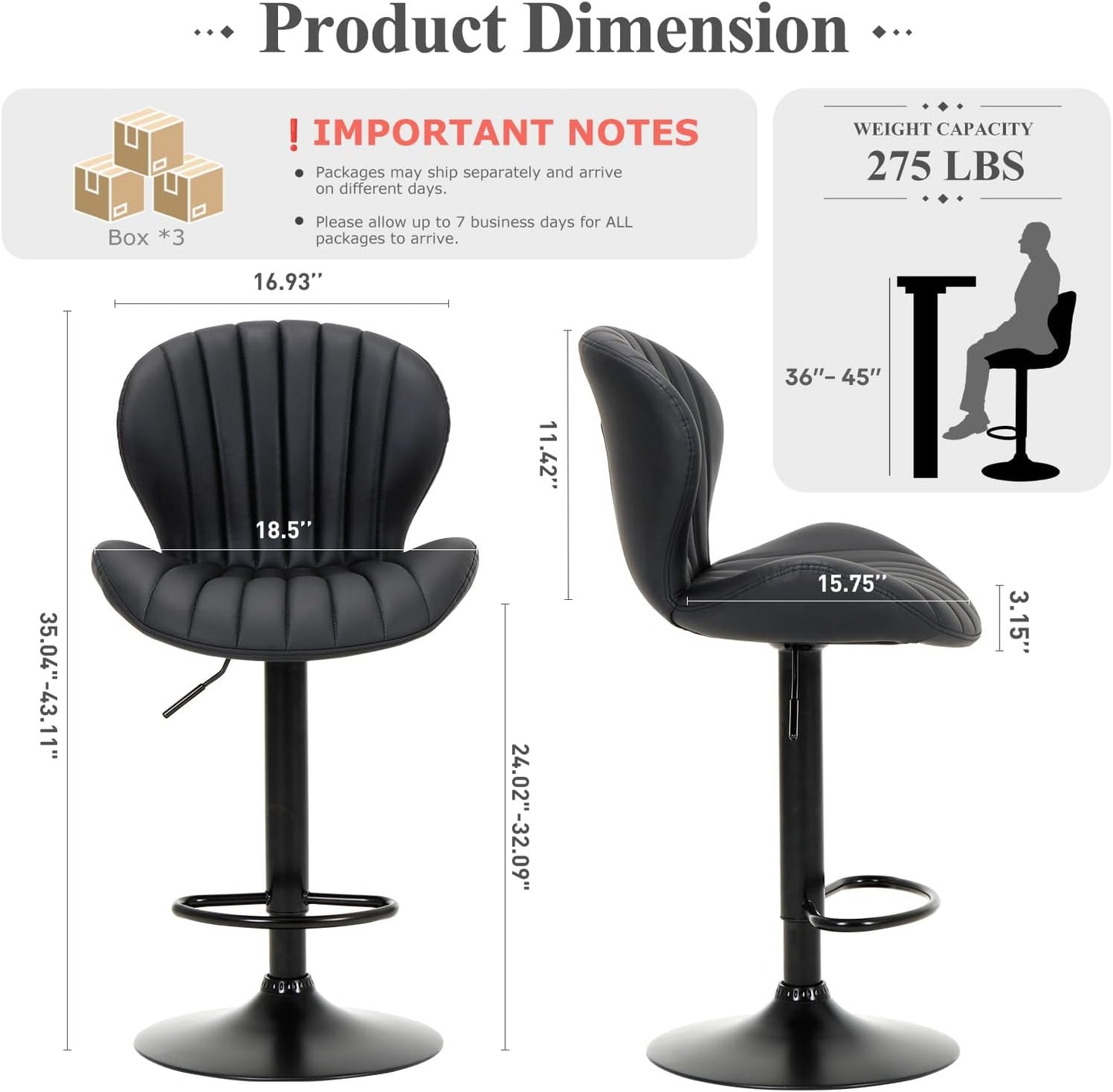 COLAMY Bar Stools Set of 3, Modern Swivel Bar Chairs, Adjustable Faux Leather Upholstered Barstools Counter Height with High Backrest for Bar, Kitchen Island, Dining Room, Black
