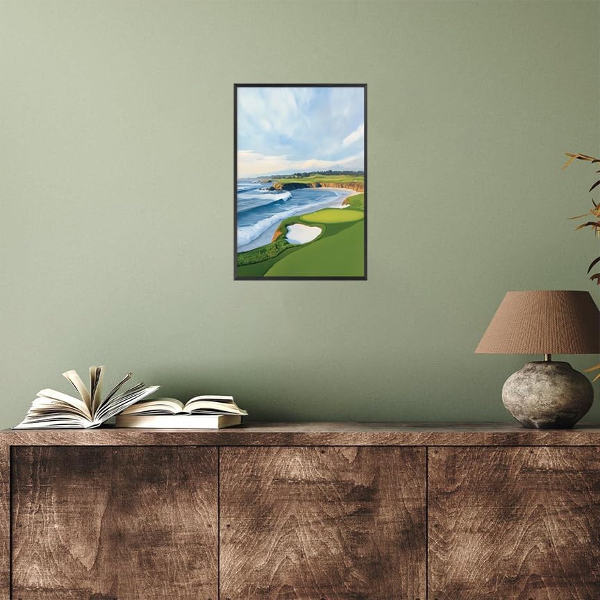 Coastal Golf Course Poster Summer Golf Landscape Wall Art Trendy Sporty Aesthetic Illustration Prints Painting For Living Room Bedroom Office Wall Decor 24x36in Framed