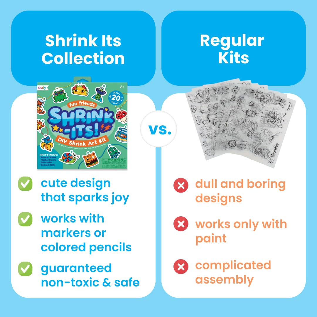 Ooly 28 PC DIY Shrinking Art Kit for Kids, 20 Plastic Pre Cut Charms and More, No Mess Creative Activity Jewelry Making Kit - Cute Crew