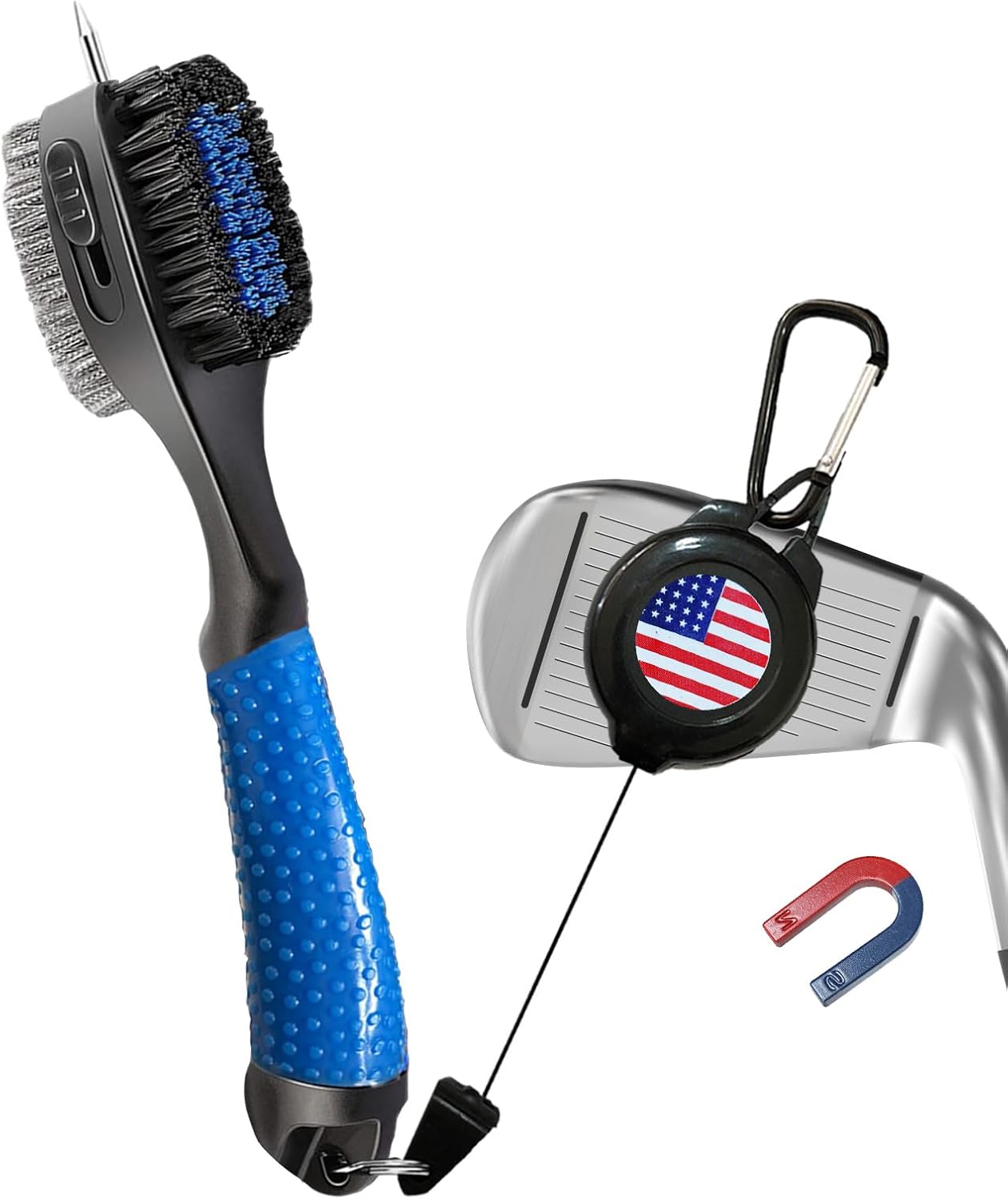FINGER TEN Retractable Golf Club Cleaner Brush with Magnetic Clip, Durable Nylon Groove Scrub Iron Sharpener Compact Design, Portable Wire Tool for Golf Club Ball Bag Cleaning