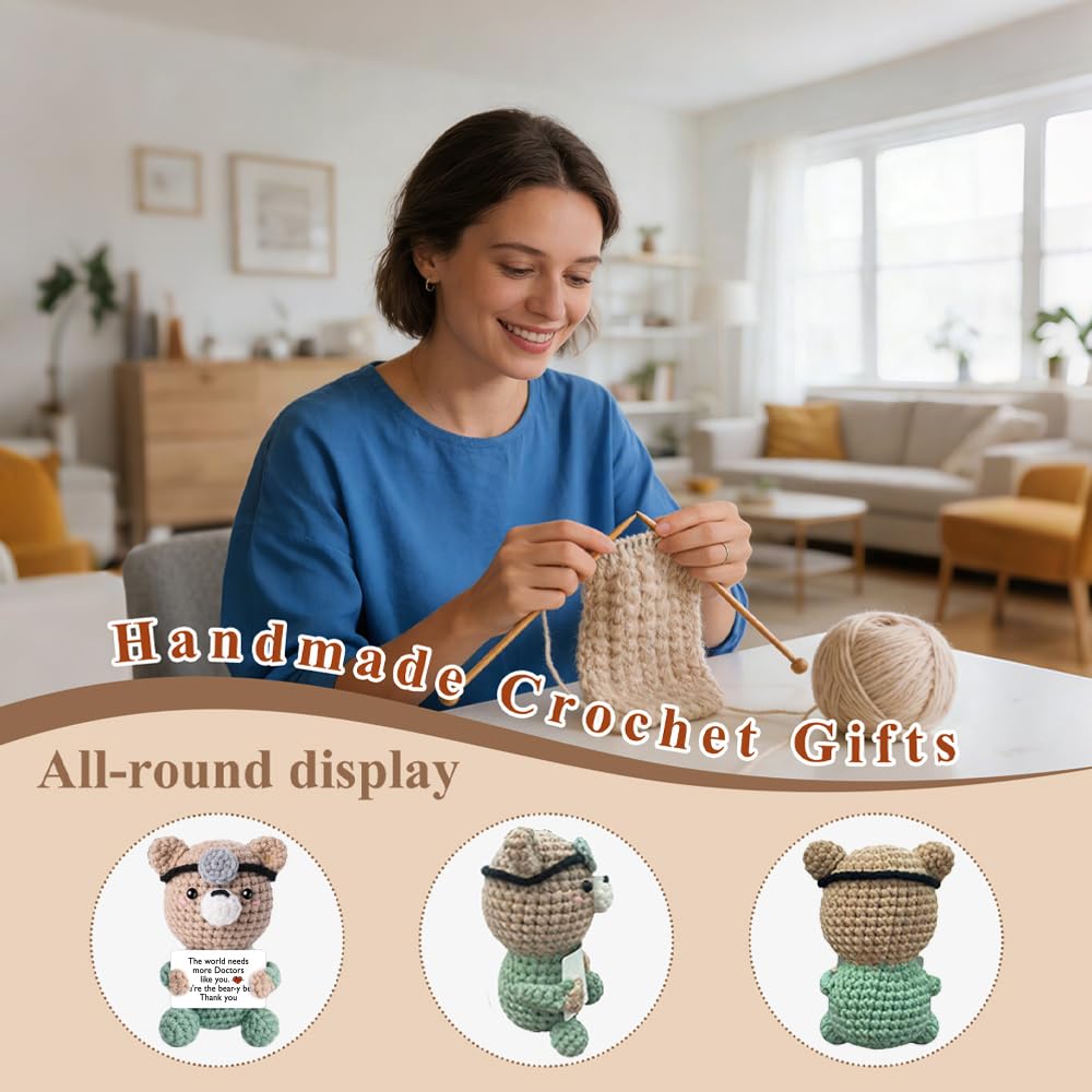 WJPOQ Doctor Gifts for Women Appreciation Gift, Doctor Mini Crocheted Bear Emotional Support Plush Crochet Animal Alreadymade Gifts