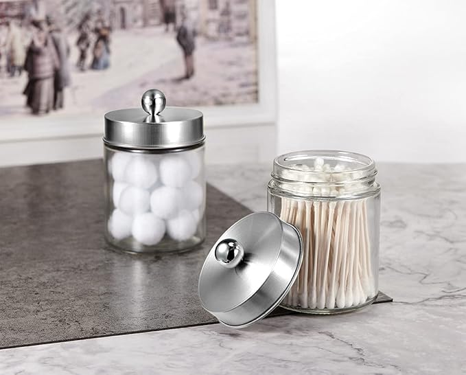 Amolliar 4Pc Apothecary Jars Bathroom Vanity Storage Organizer Set -Countertop Canister with Stainless Steel Lids &Stickers - Qtip Dispenser Holder for Qtip,Cotton Swab,Makeup Sponge (Brushed Nickel)