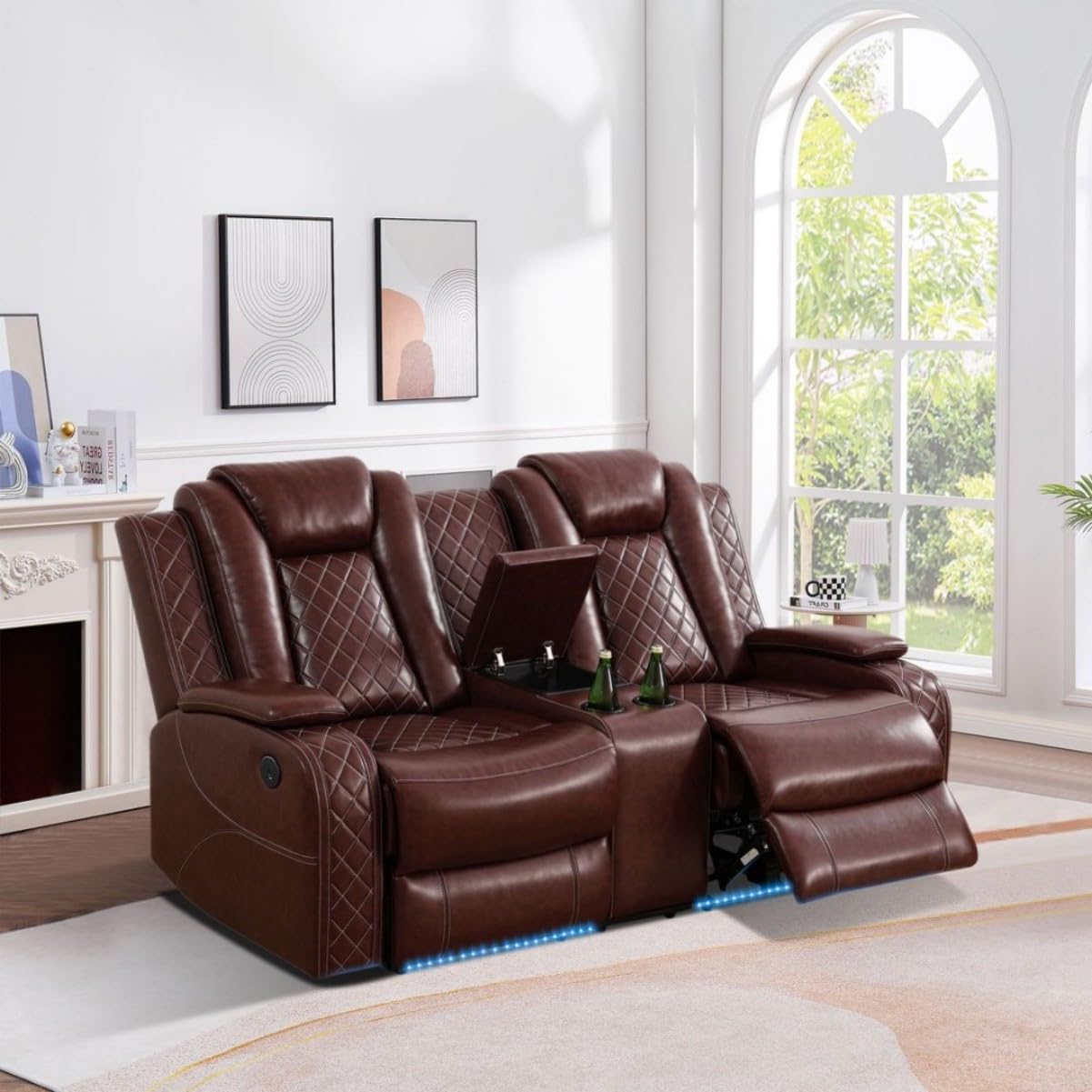 Electric Power Recliner Loveseat Set Living Room Furniture, Comfy Home Theater Breathing Leather Seating with USB 2.0 Charging Ports, LED Light Strips, Mid Console and Cupholders (Red)