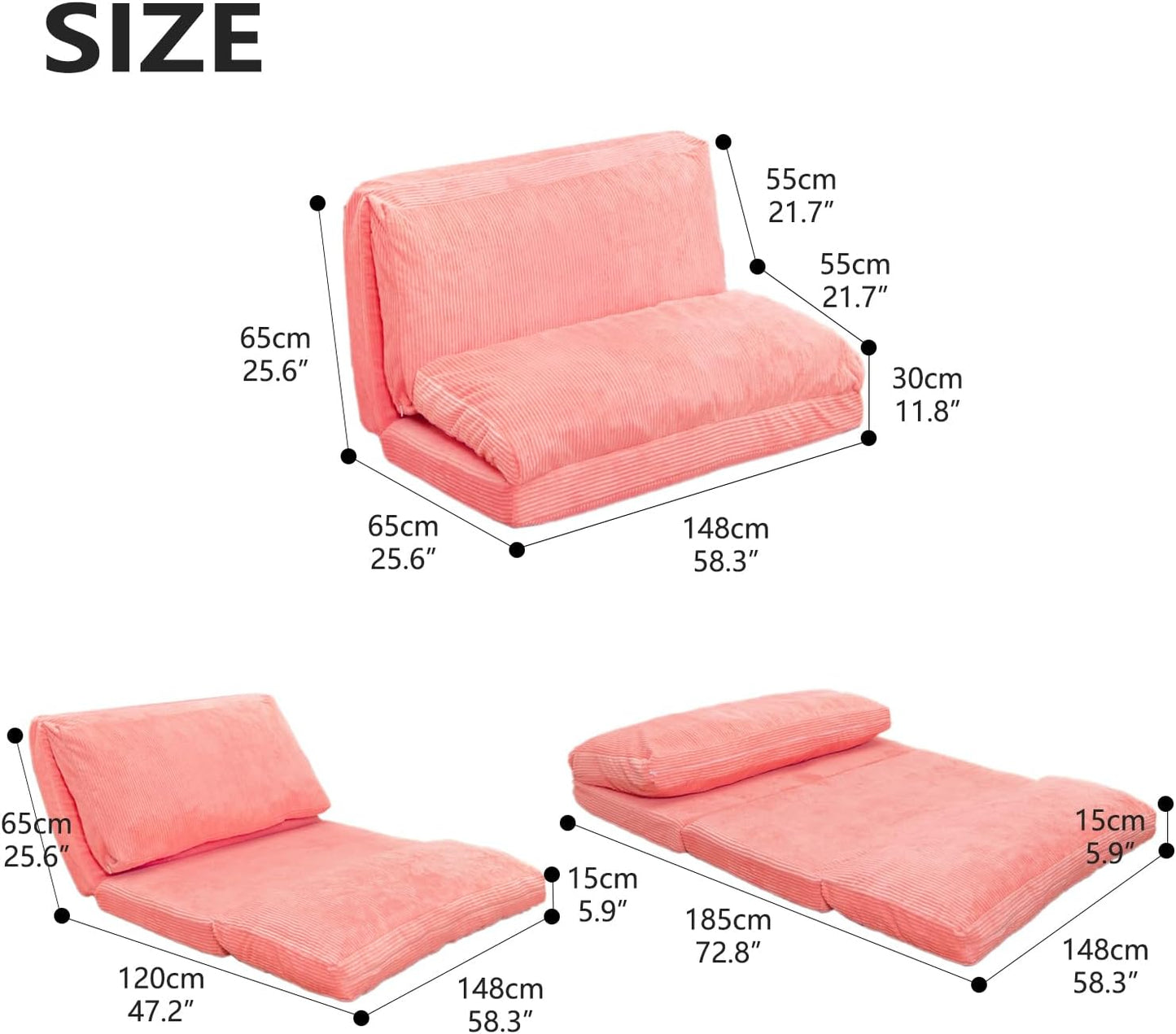 N&V L92×W58 Inch Large Folding Matress Sofa Bean Bag, Foam Filling Folding Matress Sofa, Includes Removable and Machine Washable Cover, Patent No.: US D1,018,079 S (Salmon Pink, Large Corduoy), 94024