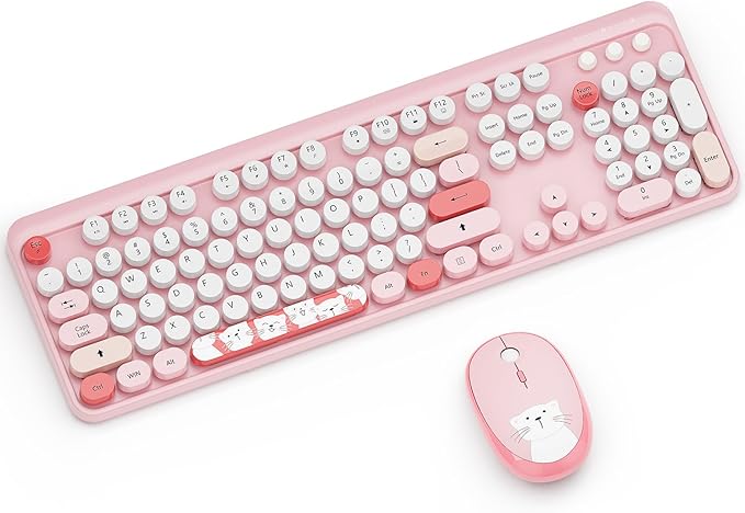 Wireless Keyboard,KOOTOP Cute Colorful 104 Keys Typewriter Retro Round Keycaps Keyboard for PC Laptop,Desktop,Windows, Home and Office Keyboards(Pink)