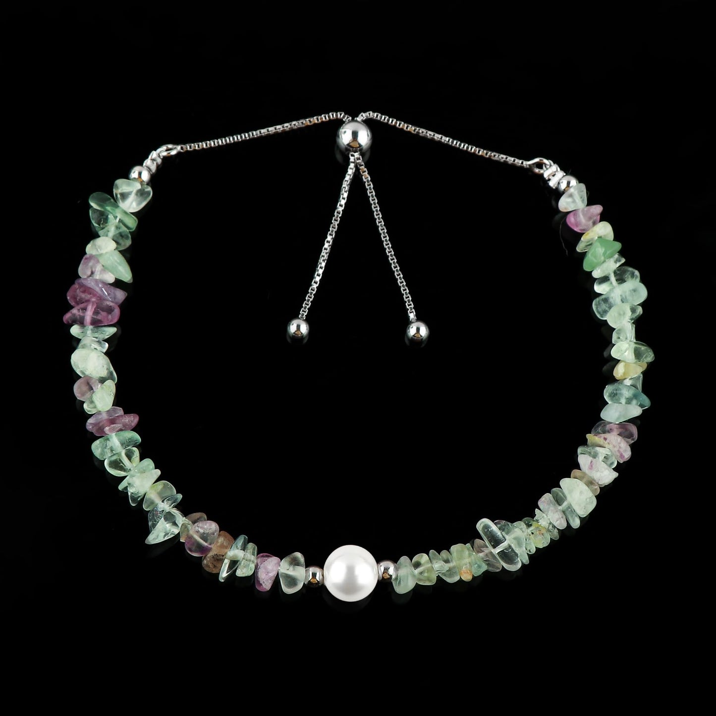 CRYSTALIS Natural Multi-Color Fluorite Beads Slider Bolo Bracelet with Elegant Pearl, Uncut Chips Nuggets Crystals, Chakra Healing Gemstone, Women Jewelry, 925 Sterling Silver Slider 10 inch