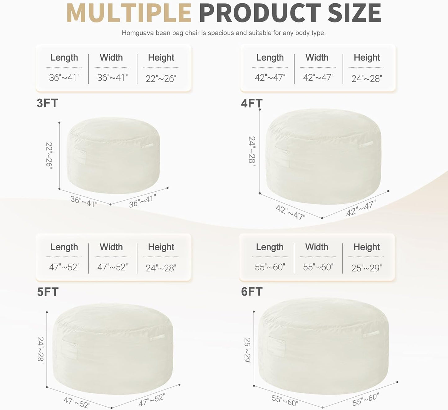 Homguava 5 FT Bean Bag Chair: 5' Bean Bags with Memory Foam Filled, Large Beanbag Chairs Soft Sofa with Dutch Velvet Cover-Beige