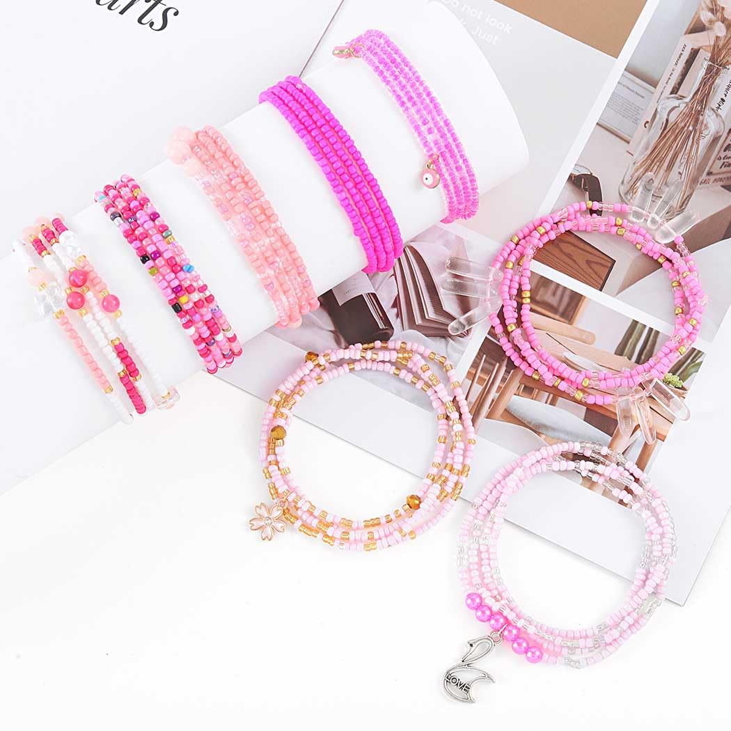 ELABEST 24-39inch African Waist Beads for Women 8Pcs Elastic Belly Beads Colorful Beaded Waist Jewelry Accessories Body Chain (Pink, 31.5inch/80cm)