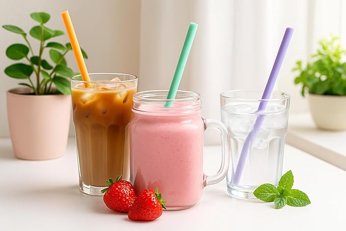 8.6-inch (220mm) Reusable Silicone Straws – Set of 8 Soft Pastel Straws + Cleaning Brush + Kraft box – BPA-Free, Dishwasher Safe – Great for Smoothies & Iced Coffee (Fits Tumblers up to 26oz)