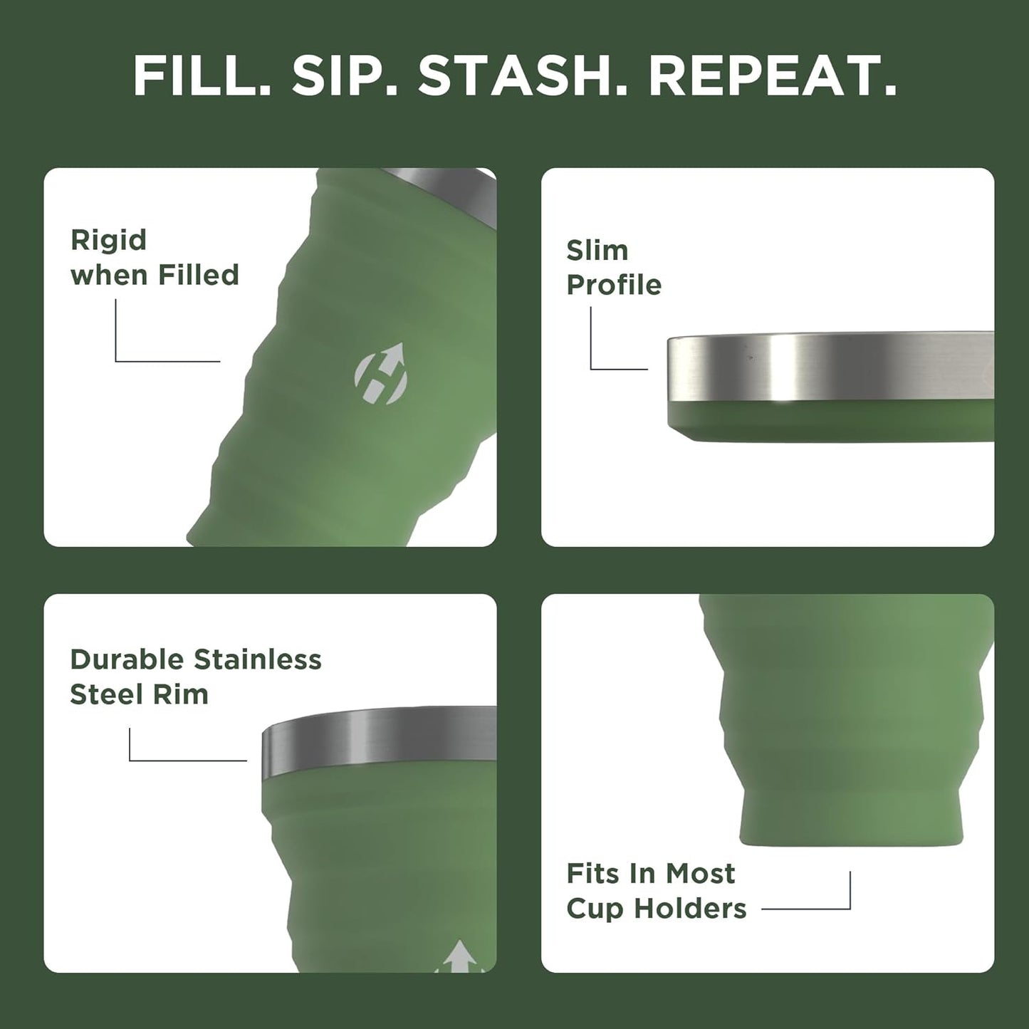 HYDAWAY 16oz Collapsible Pint - BPA-Free Silicone Cup with Stainless Steel Rim - Reusable, Packable, and Durable for Camping, Travel & Everyday Use
