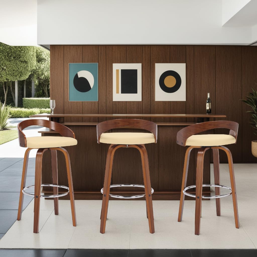 Armen Living Sonia 30" Bar Height Swivel Cream Faux Leather and Walnut Wood Bar Stool - Set of 2