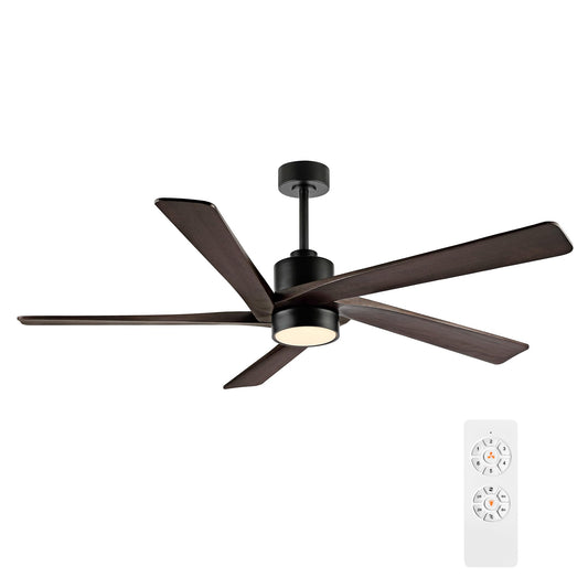 WINGBO 72 Inch DC Ceiling Fan with Lights and 3 Downrods, 5 Reversible Carved Wood Blades, 6-Speed Noiseless DC Motor, Large Ceiling Fan in Matte Black Finish with Walnut Blades, ETL Listed